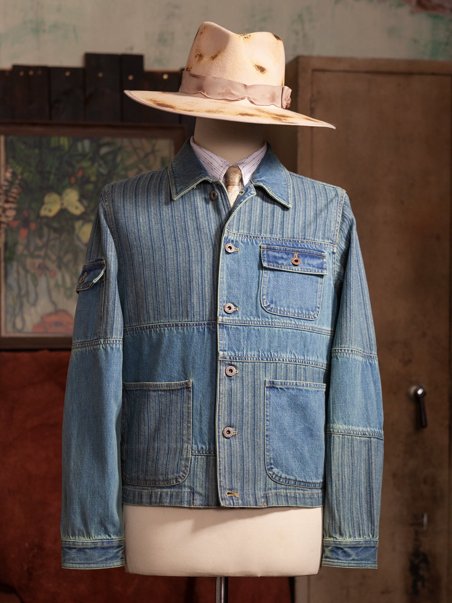 Soarin American Vintage Patchwork Denim Jacket Multi-Pocket Functional Workwear Striped Jacket
