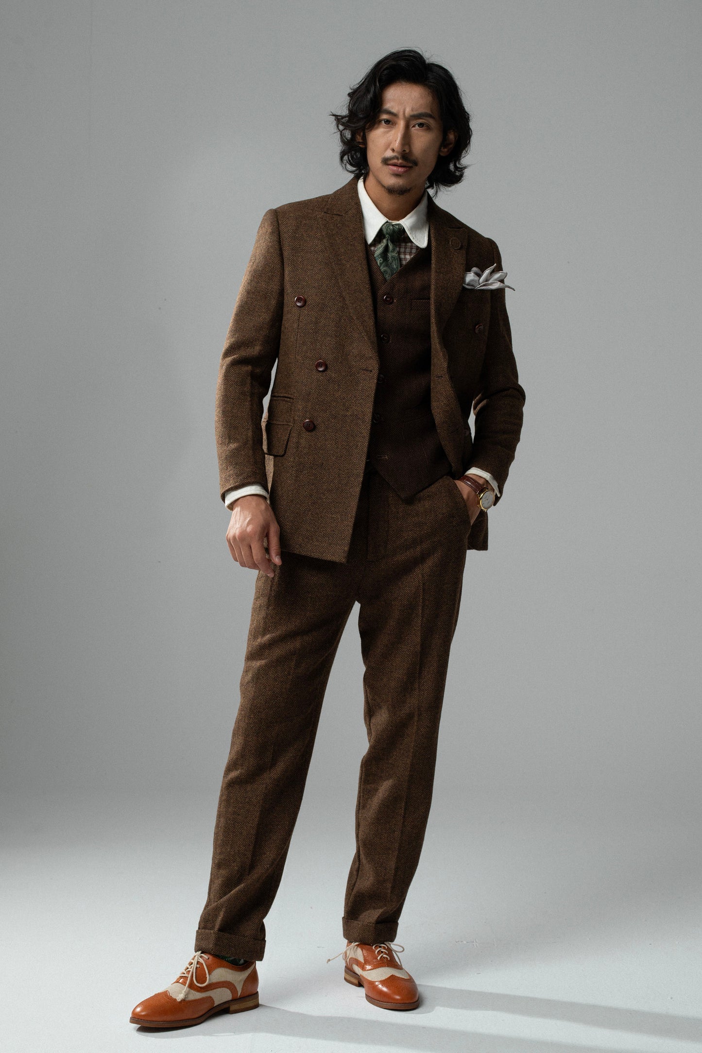 British retro style double-breasted suit for men wool herringbone pattern business casual slim-fit suit jacket