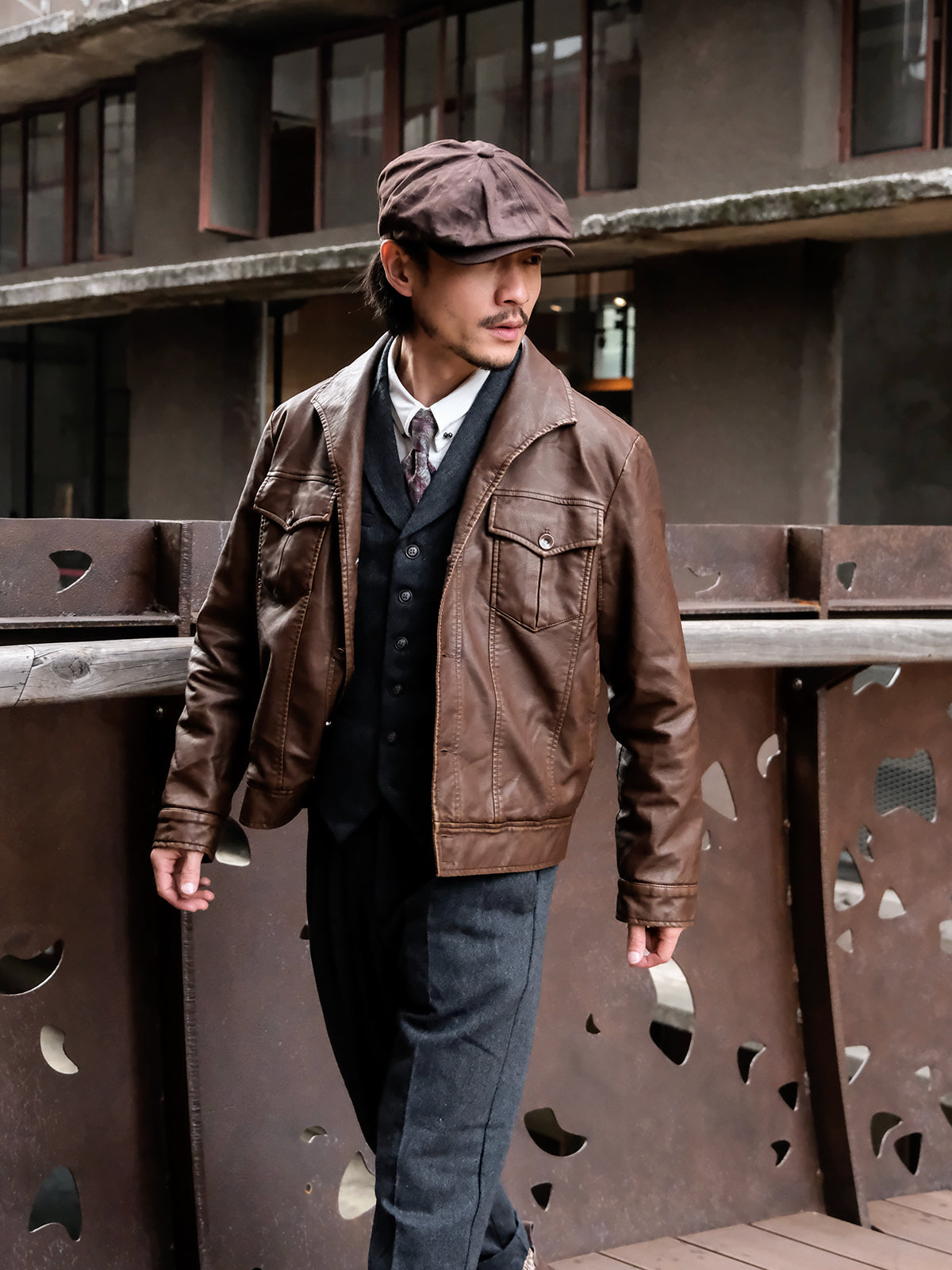 American retro style leather jacket for men Ami Khaki one piece collar workwear motorcycle jacket