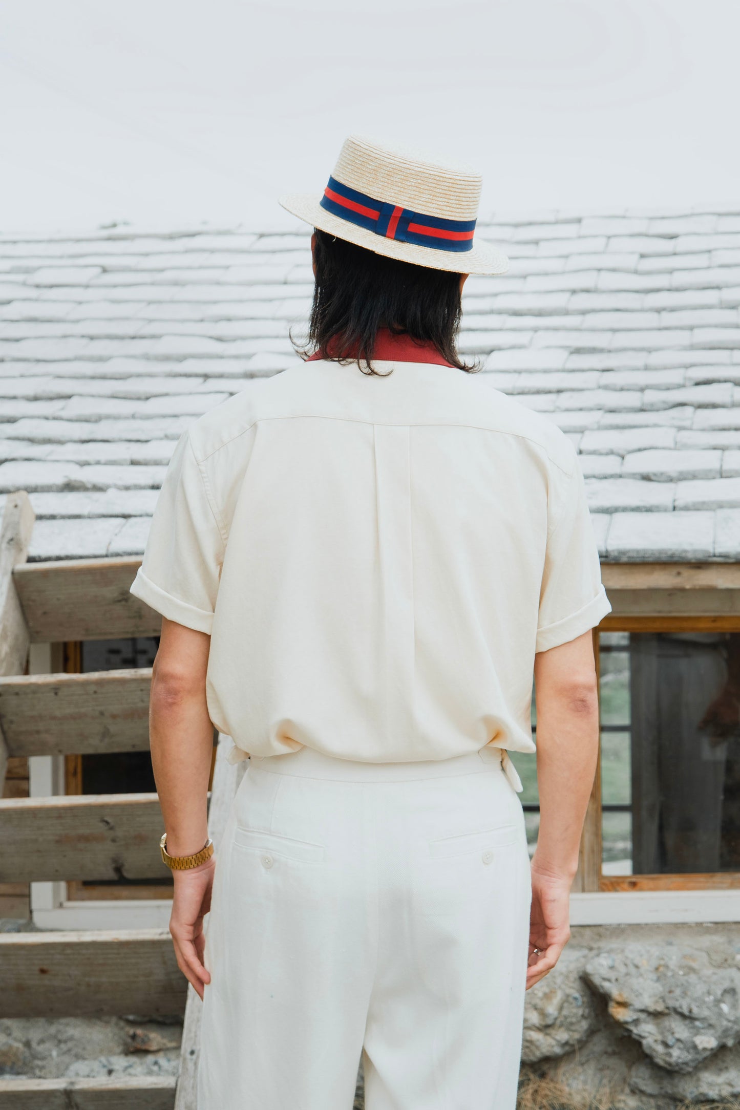 British retro style Cuban collar short-sleeved shirt men's stitching linen casual double pocket short-sleeved shirt