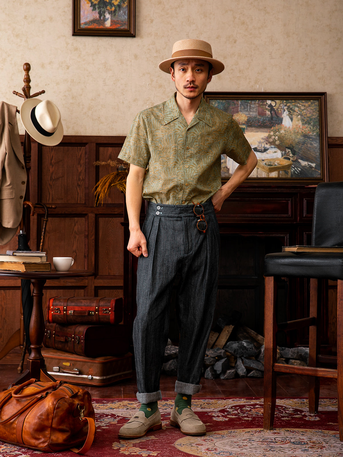 Men's Retro Style Yuppie Cuban Collar Shirt Vintage Baroque Print Short-sleeved Shirt