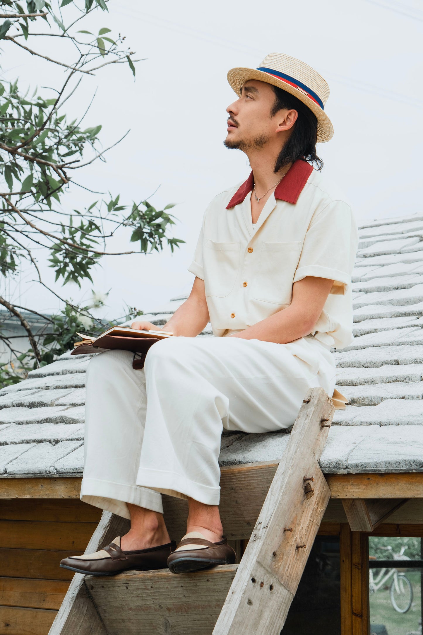 British retro style Cuban collar short-sleeved shirt men's stitching linen casual double pocket short-sleeved shirt