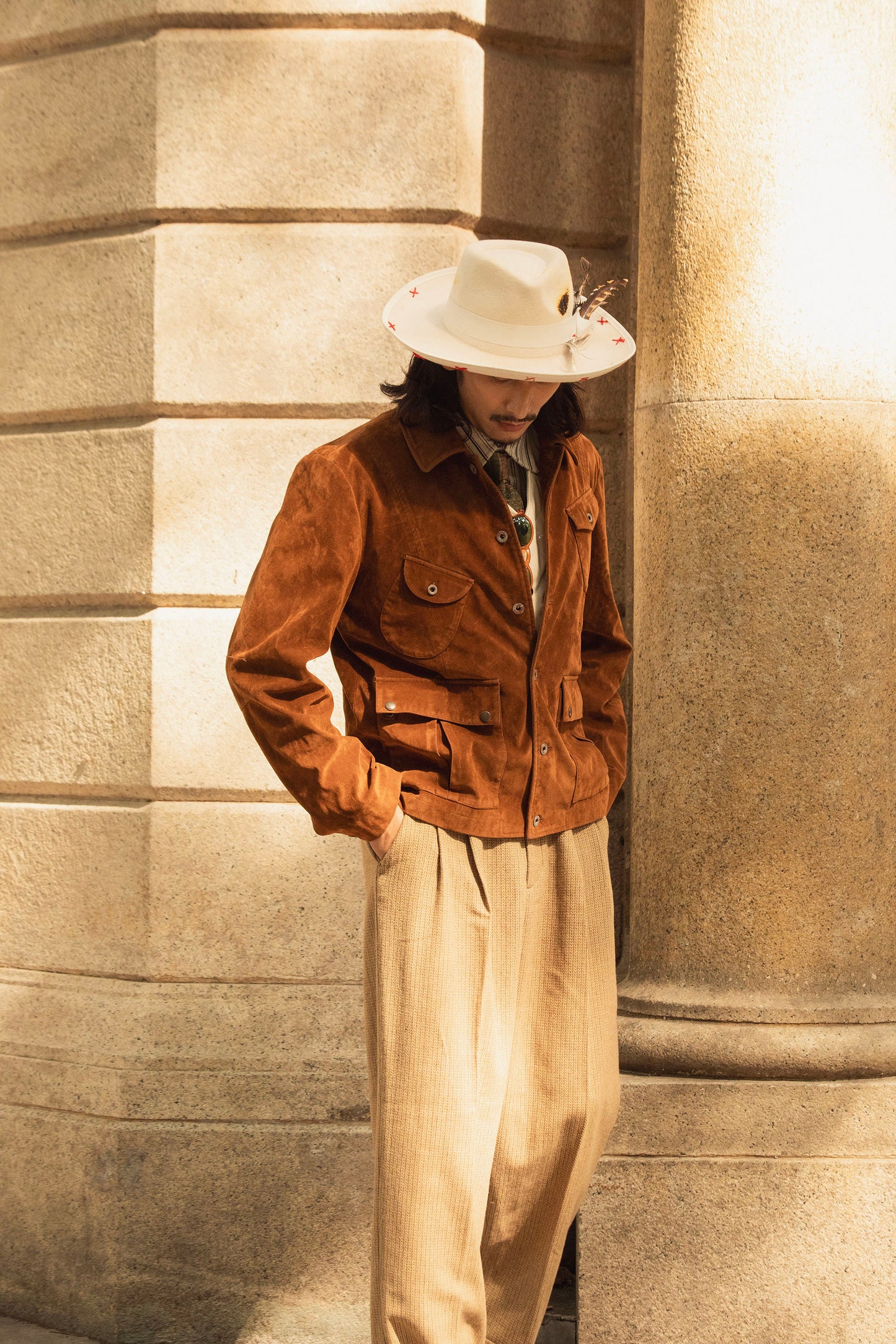 American retro style suede jacket men's Ami Khaki military uniform multi-pocket deerskin hunting jacket
