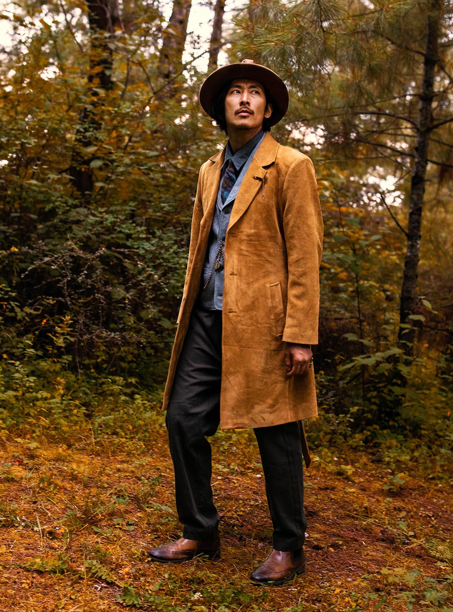 Retro British style deerskin suit coat for men Autumn and winter yuppie below the knee mid-length suede trench coat