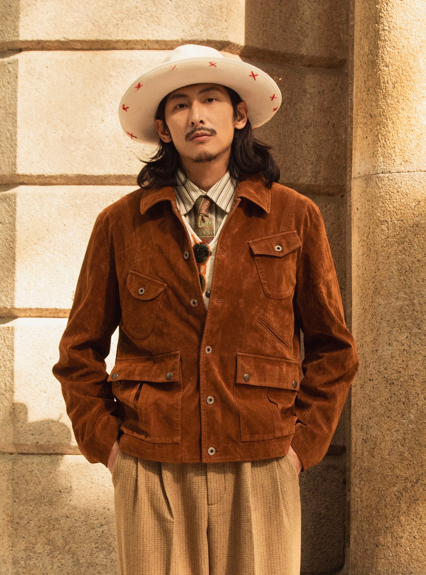 American retro style suede jacket men's Ami Khaki military uniform multi-pocket deerskin hunting jacket