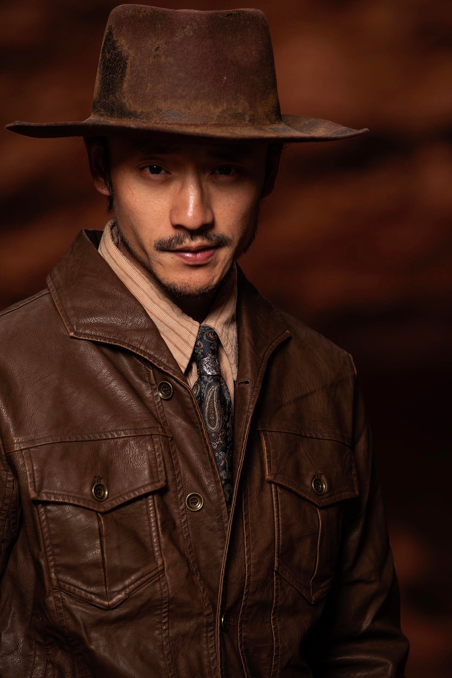 American retro style leather jacket for men Ami Khaki one piece collar workwear motorcycle jacket