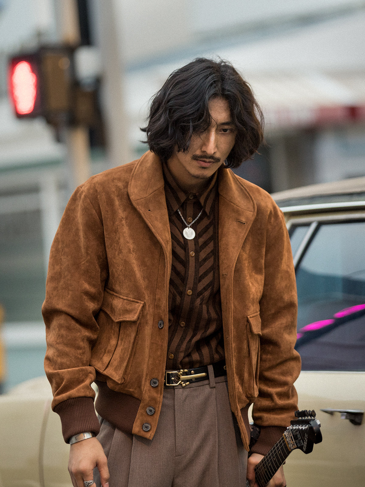 American retro style suede jacket for men Ami Khaki motorcycle wear casual loose deerskin jacket