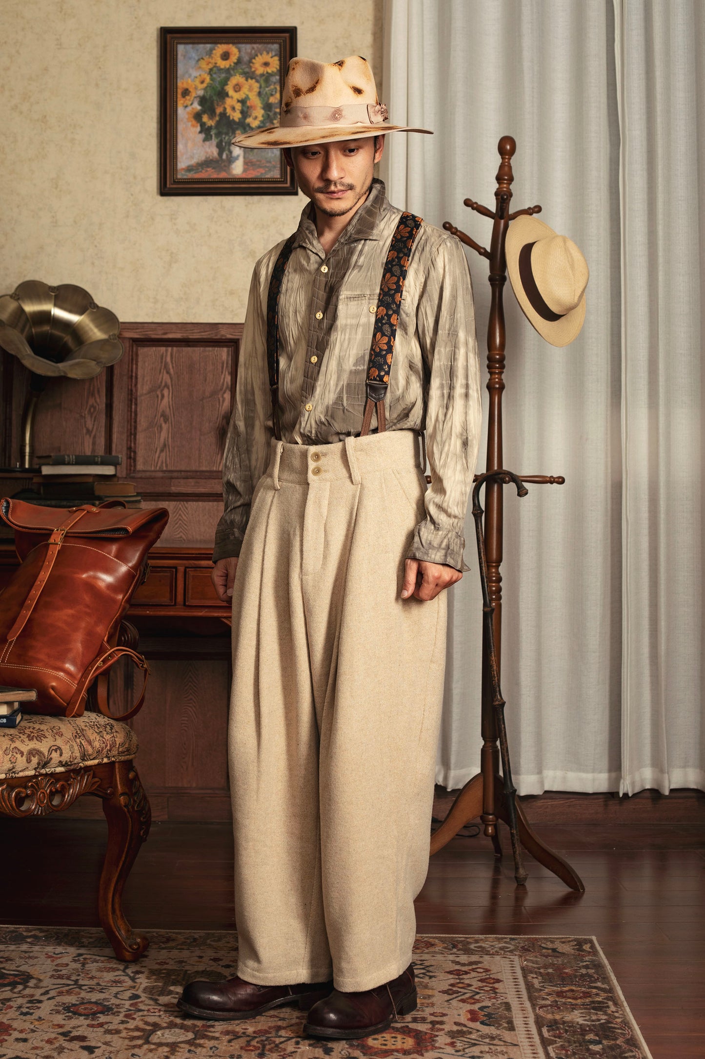 British retro wool high waist pants for men Business casual straight loose wool suit trousers