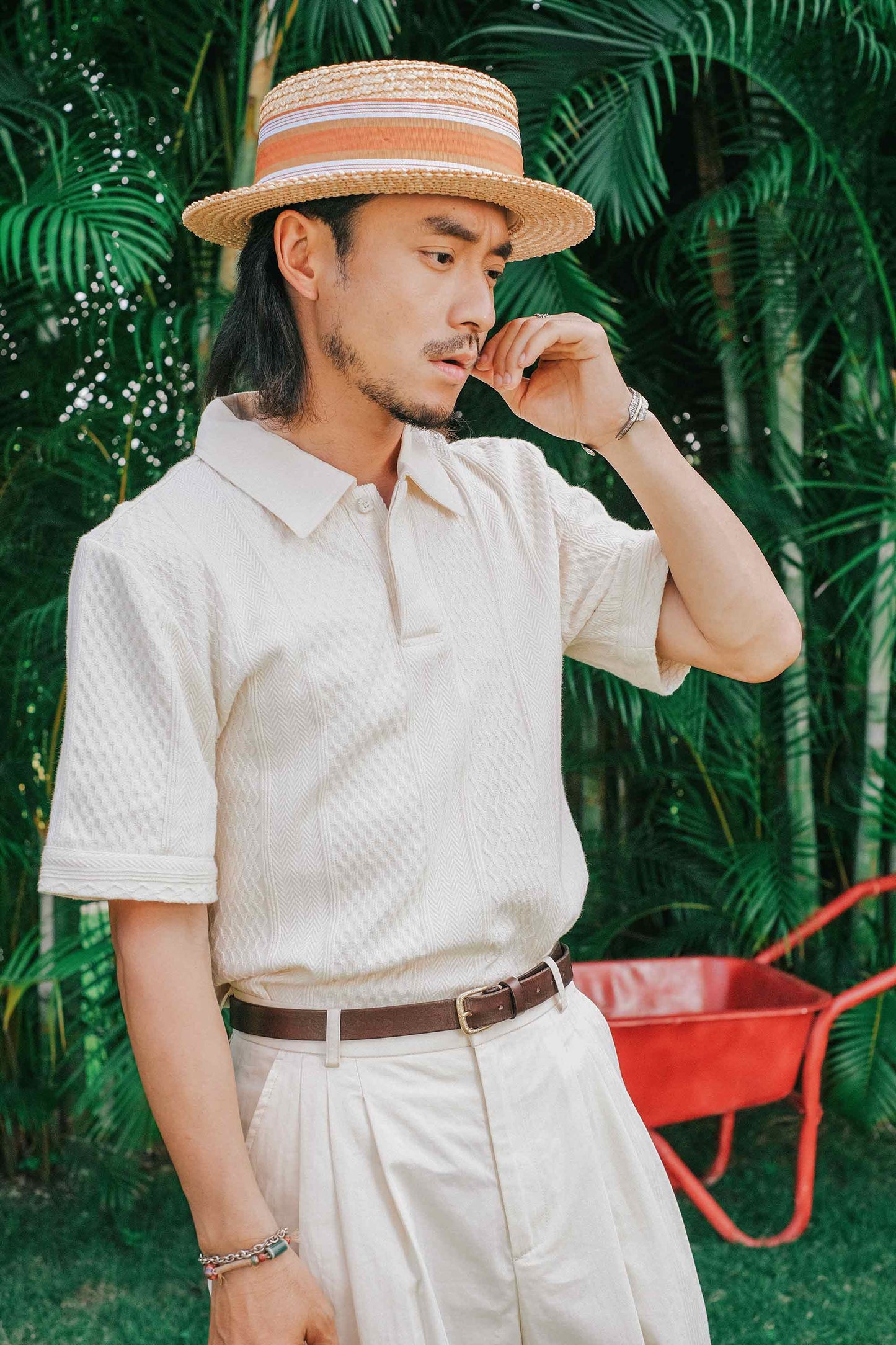 Retro style Italian knitted polo shirt men's summer water ripple casual polo shirt lapel short-sleeved T-shirt