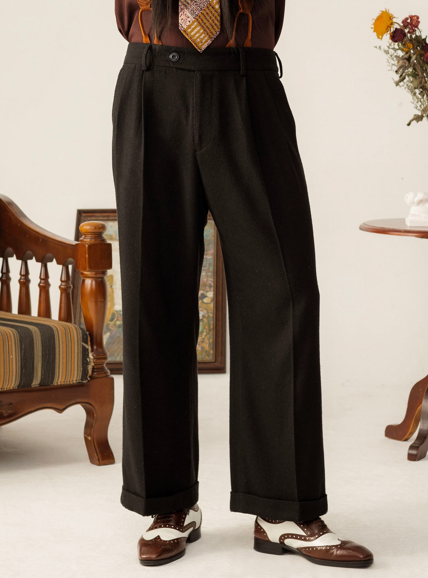 British retro style woolen straight pants men's winter yuppie business casual loose drape suit trousers