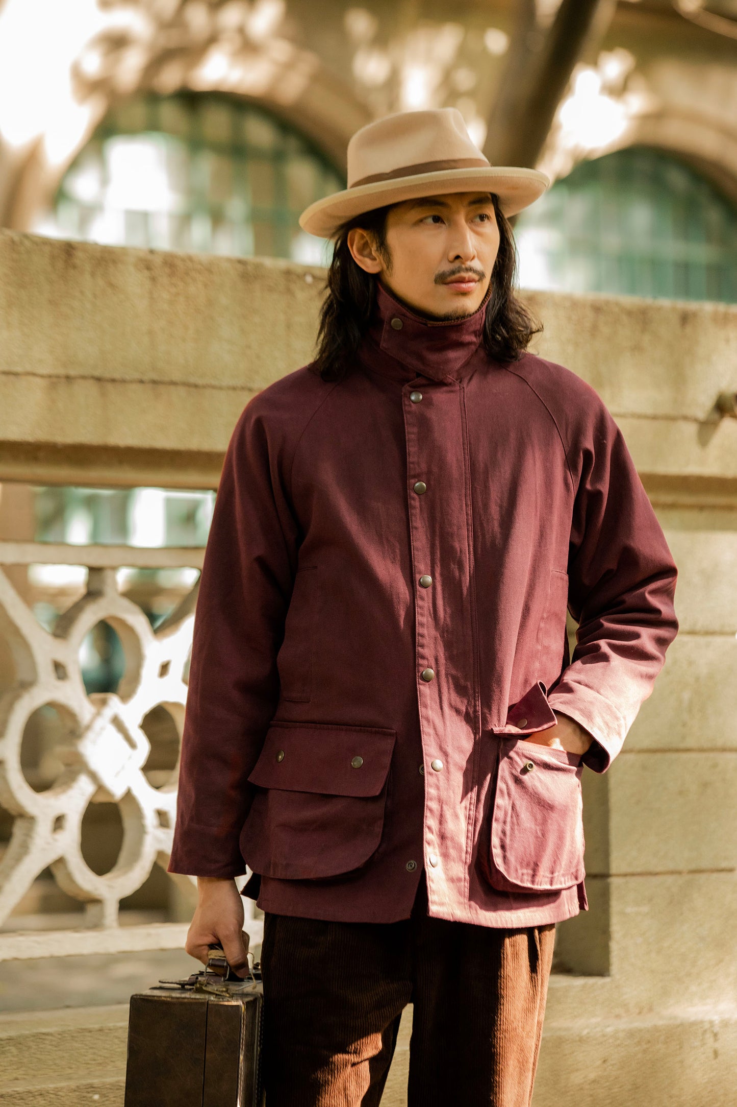 American workwear retro style waxed cloth jacket men's heavy windproof splicing casual loose hunting jacket
