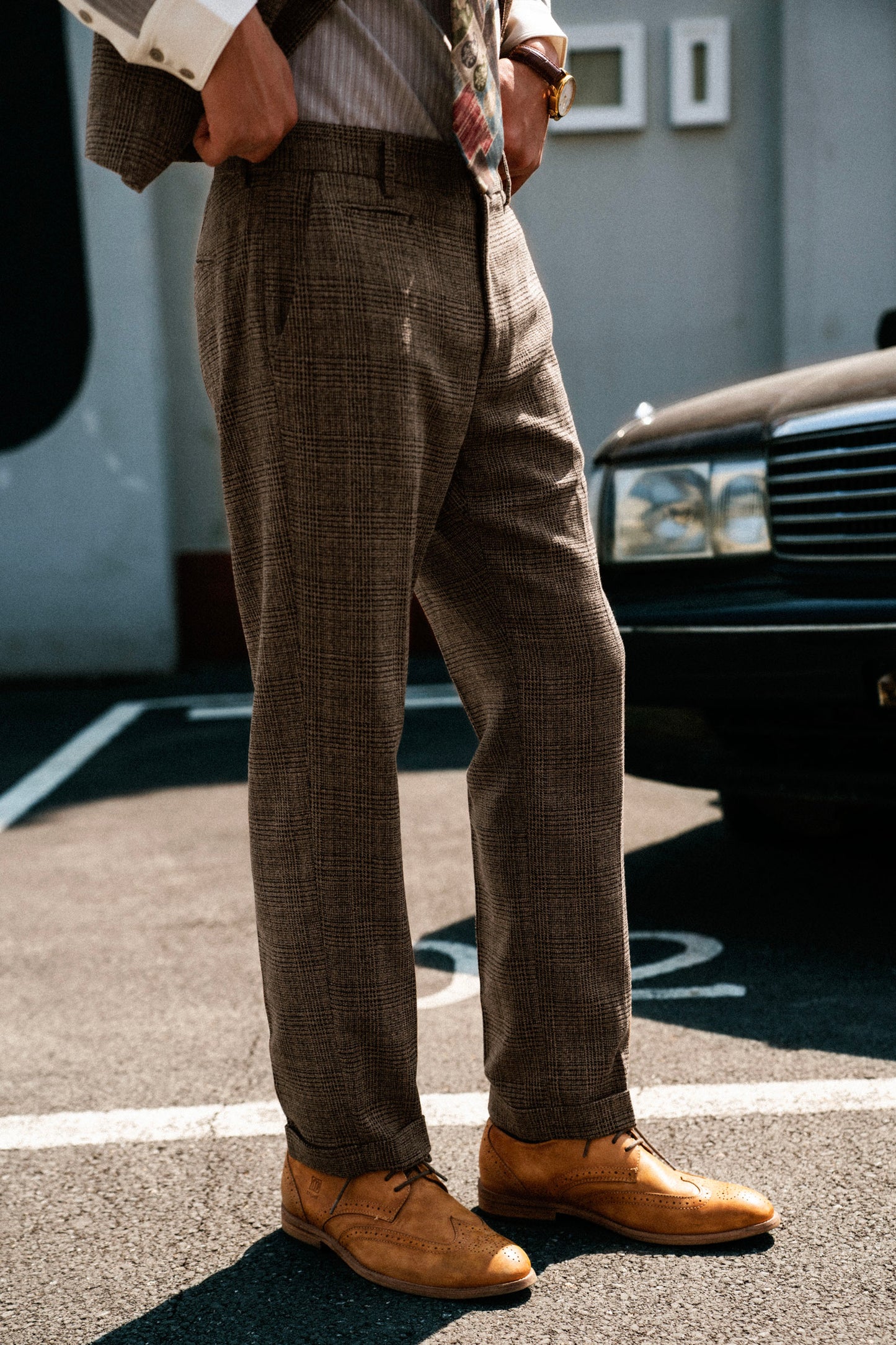 British retro style plaid suit pants for men Business casual slim fit nine-point pants plaid straight trousers