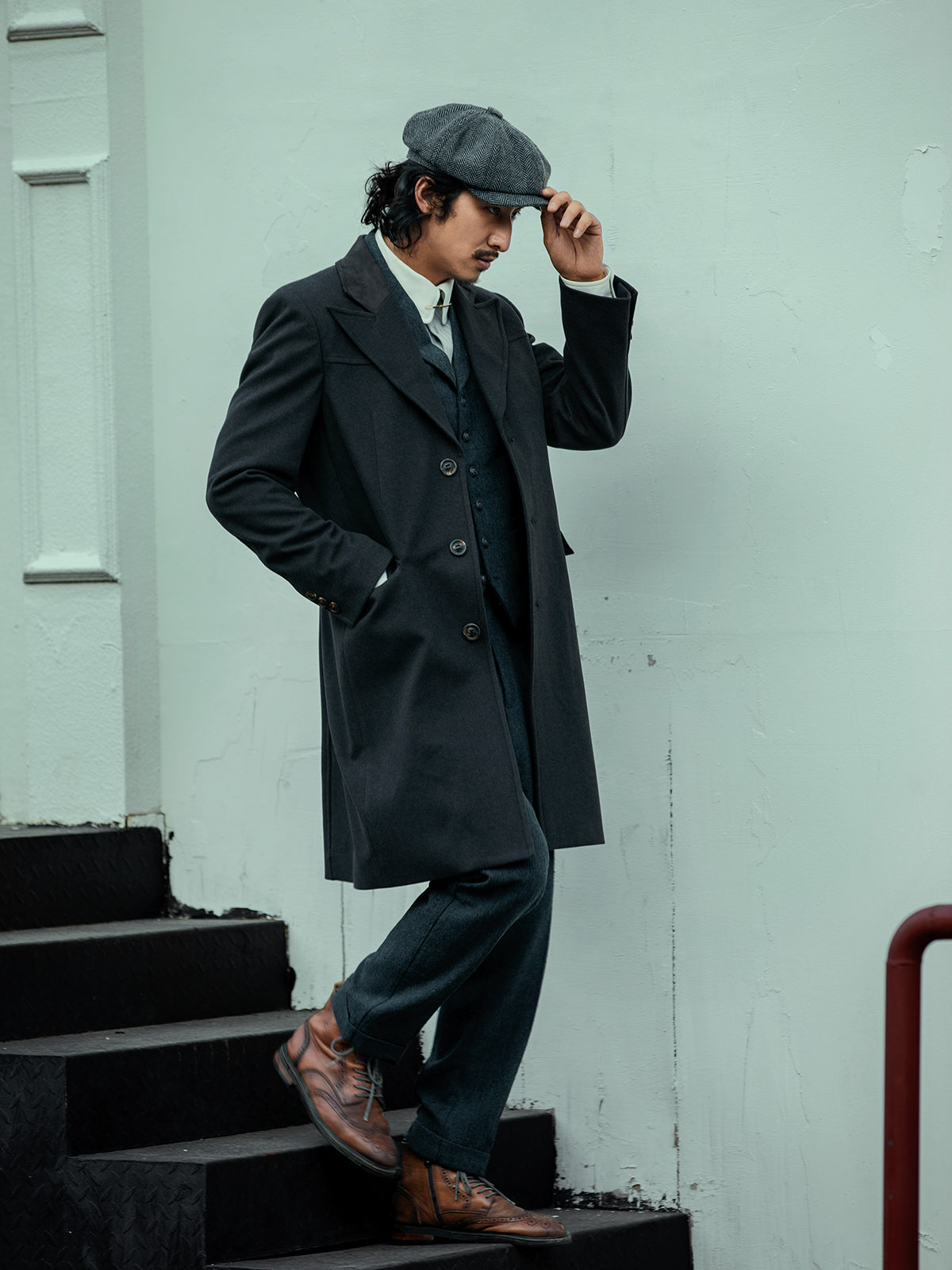 British style retro woolen mid-length coat for men knee-length slim trench coat for winter