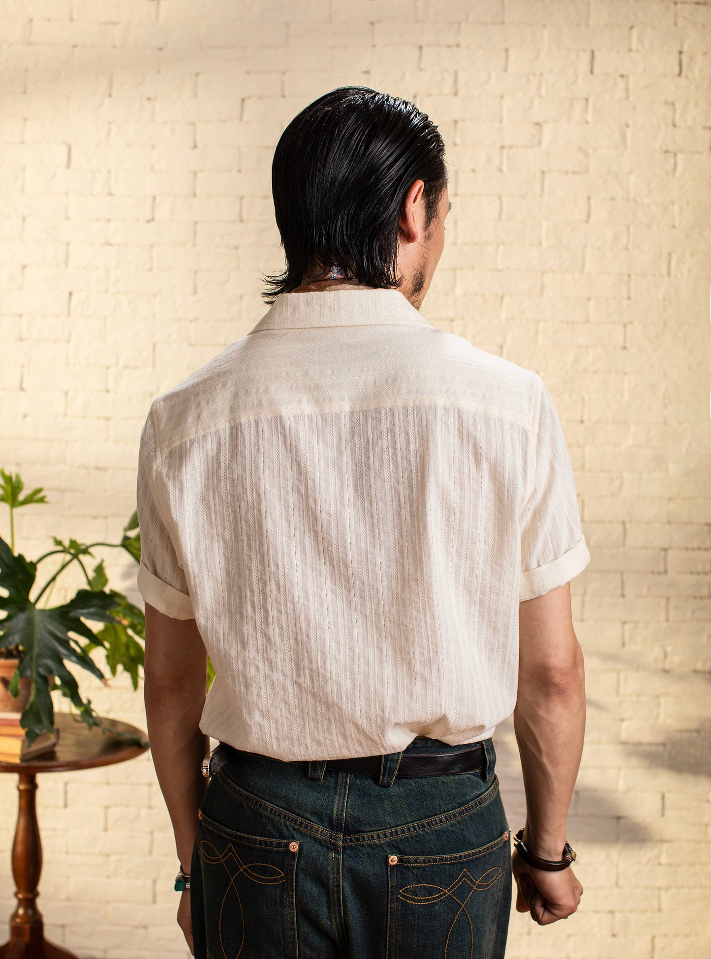 British retro style Cuban collar short-sleeved shirt for men Cotton casual slim striped short-sleeved shirt