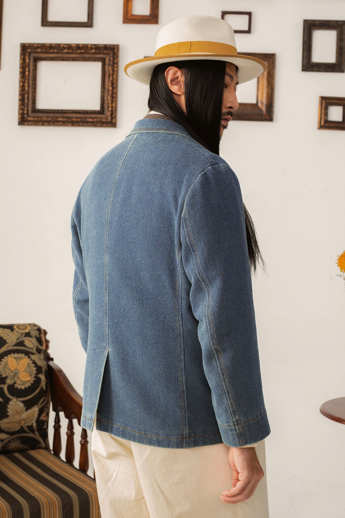 Waffle American retro denim suit jacket for men High-end casual slim-fit single suit