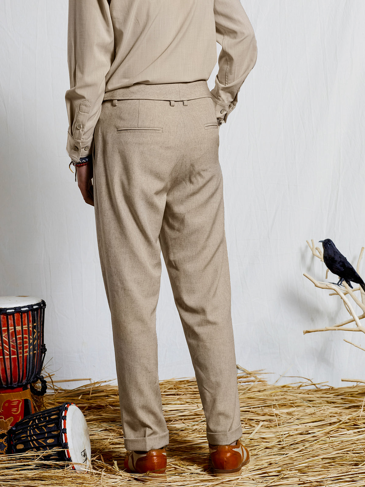 British style retro linen 9-point trousers for men ruffled and handsome casual straight 9-point high waist suit trousers