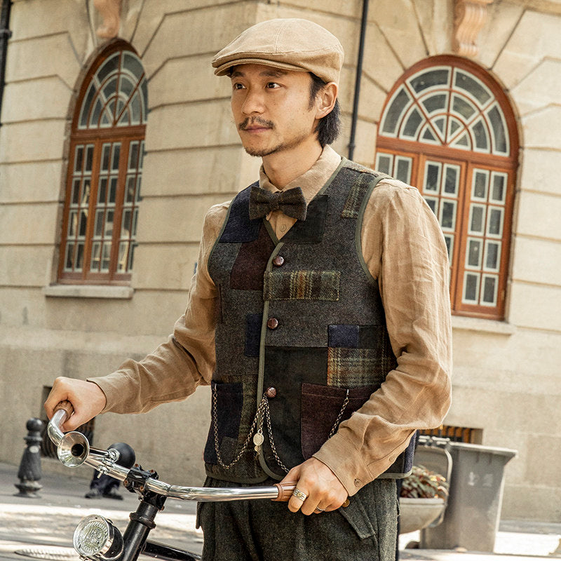 SOARIN  Regular Fit Vintage Patchwork Multi-Blend Tweed Vest Waistcoat Z83B18