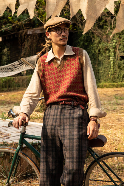 Men's retro style diamond-patterned sweater vest British vintage design knitted sweater wool vest
