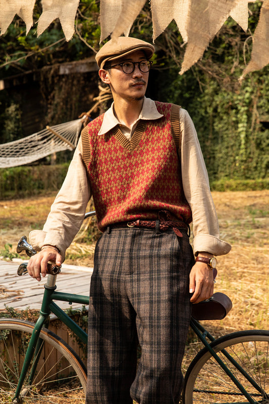 Men's retro style diamond-patterned sweater vest British vintage design knitted sweater wool vest