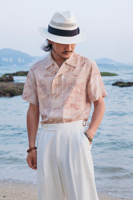 French retro double-breasted short-sleeved shirt for men Pink textured simple gentleman Cuban collar shirt