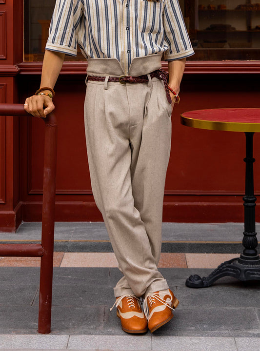 British style retro linen 9-point trousers for men ruffled and handsome casual straight 9-point high waist suit trousers