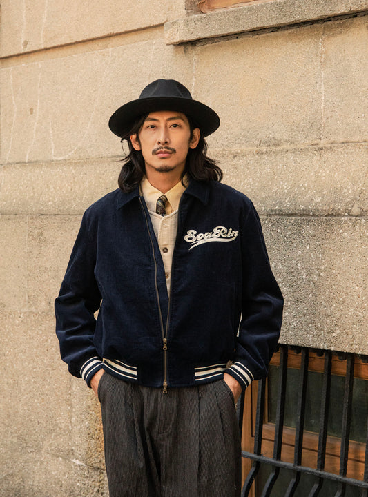 American retro style corduroy jacket men's winter warm embroidery casual loose baseball jacket