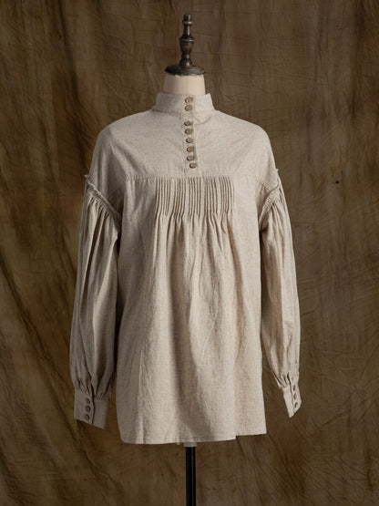 SOARIN WORLD Neo-Oriental Heritage Oversized Cotton-Linen Pleated Shirt N-DCZ242TC02