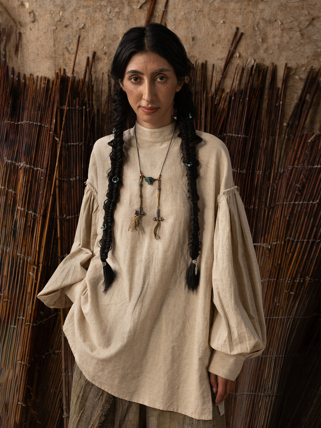 SOARIN WORLD Neo-Oriental Heritage Oversized Cotton-Linen Pleated Shirt N-DCZ242TC02