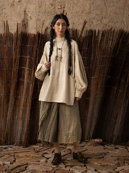 SOARIN WORLD Neo-Oriental Heritage Oversized Cotton-Linen Pleated Shirt N-DCZ242TC02