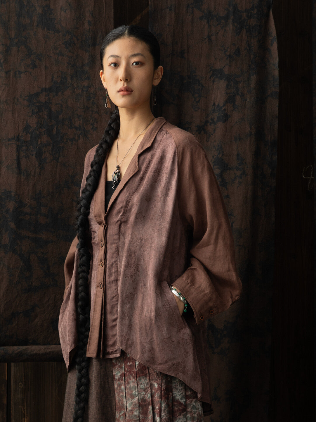 SOARIN WORLD Asymmetric Rayon Linen Splice Shirt N-DCZ242TW05