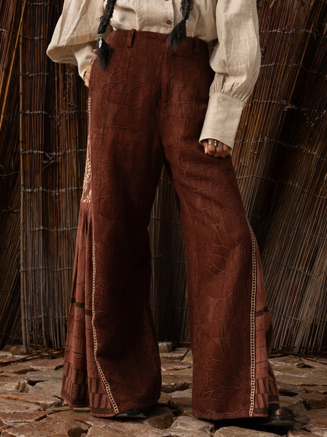 SOARIN WORLD Flare Cotton Linen Viscose Blend Trousers N-DCZ242TF02