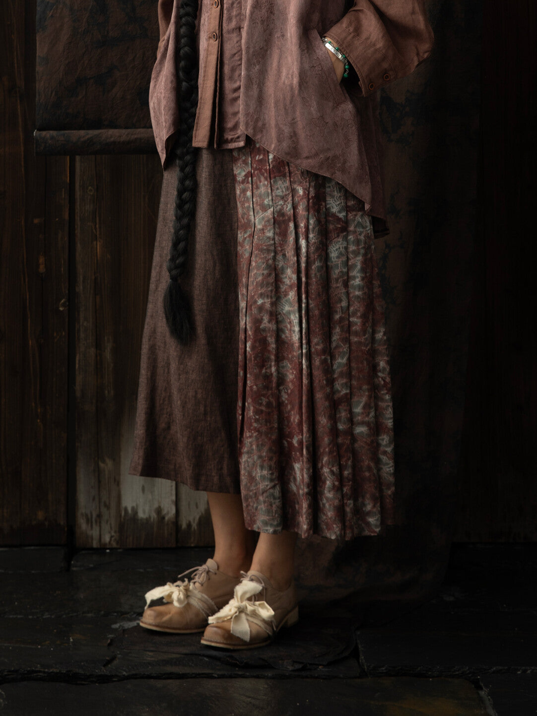SOARIN WORLD Neo-Oriental Heritage Asymmetric Pleated Linen Skirt N-DCZ242TQ05