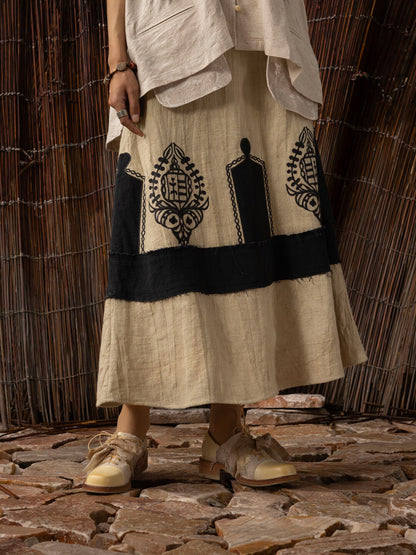 SOARIN WORLD Neo-Oriental Heritage A-line Linen-blend Skirt N-DCZ242TQ07