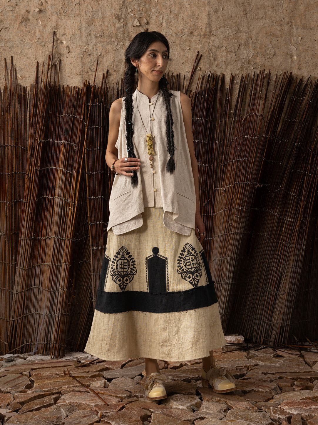 SOARIN WORLD Neo-Oriental Heritage A-line Linen-blend Skirt N-DCZ242TQ07