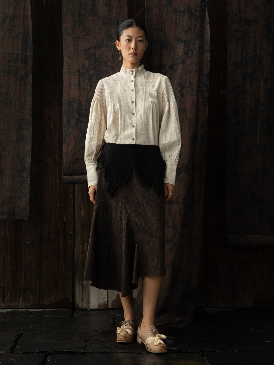 SOARIN WORLD（Neo-Oriental Heritage）Vintage Neo-Chinese Asymmetric Cut Silk-Blend Skirt N-DCZ242TQ09