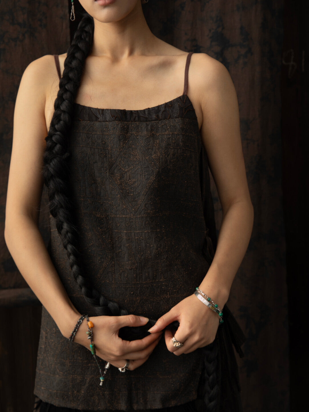 SOARIN WORLD Neo-Oriental Heritage Modern Zen Collection Boxy Silhouette Camisole Jacquard Silk Top N-DCZ242TQ16