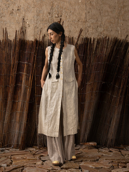 【SOARIN WORLD】Neo-Oriental Heritage Straight Cut Long Vest Ramie Cotton Blend Sleeveless Tunic N-DCZ252TC11
