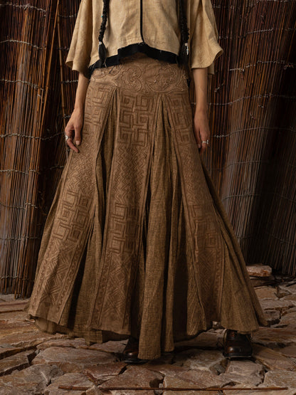 SOARIN WORLD Neo-Oriental Heritage Umbrella Silhouette Linen-Cotton Maxi Skirt N-DCZ252TQ27