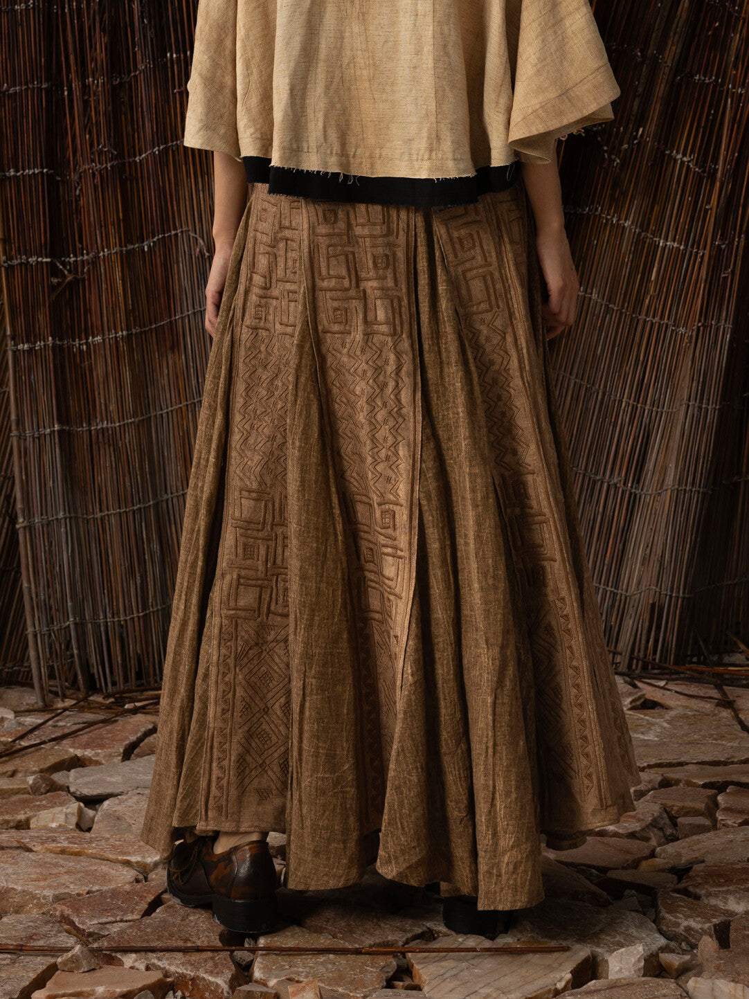 SOARIN WORLD Neo-Oriental Heritage Umbrella Silhouette Linen-Cotton Maxi Skirt N-DCZ252TQ27