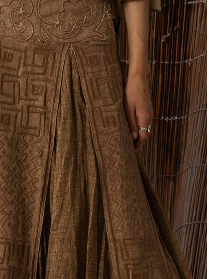 SOARIN WORLD Neo-Oriental Heritage Umbrella Silhouette Linen-Cotton Maxi Skirt N-DCZ252TQ27