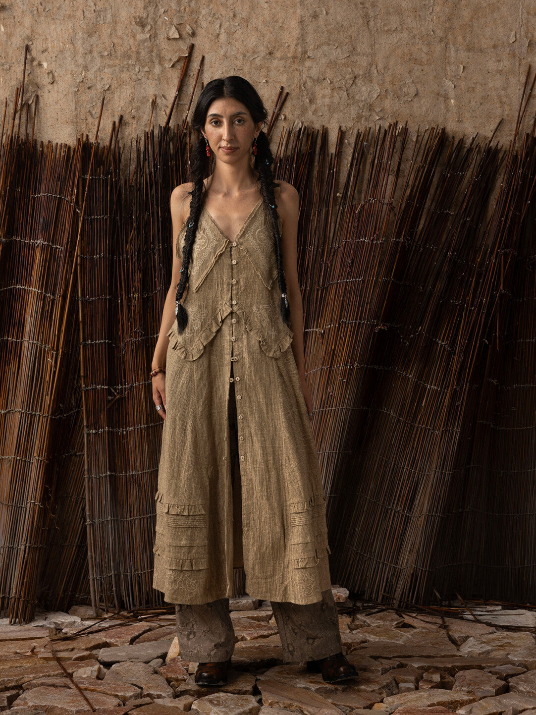 SOARIN WORLD Neo-Oriental Heritage A-Line Coarse Linen Camisole Dress N-DCZ252TQ32