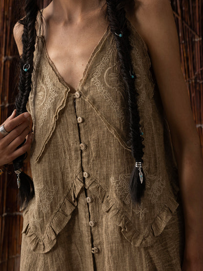 SOARIN WORLD Neo-Oriental Heritage A-Line Coarse Linen Camisole Dress N-DCZ252TQ32