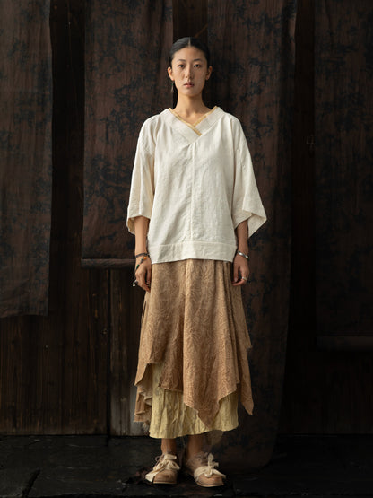 SOARIN WORLD Neo-Oriental Heritage Asymmetrical Layered Skirt Textured Fabric Bottoms N-DCZ252TQ36