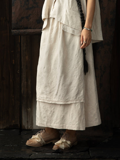 SOARIN WORLD Neo-Oriental Heritage Asymmetric Layered Texture Linen Blend Long Skirt N-DCZ252TQ34