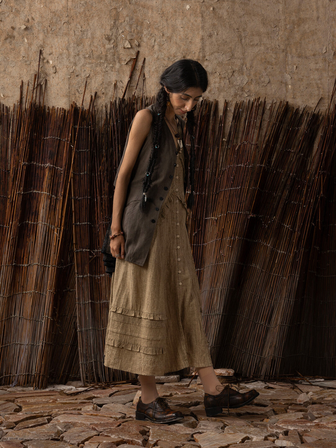 SOARIN WORLD Neo-Oriental Heritage hree-Dimensional Silhouette  Tencel-Linen Blend Reversible Vest Dress N-DCZ252TC17