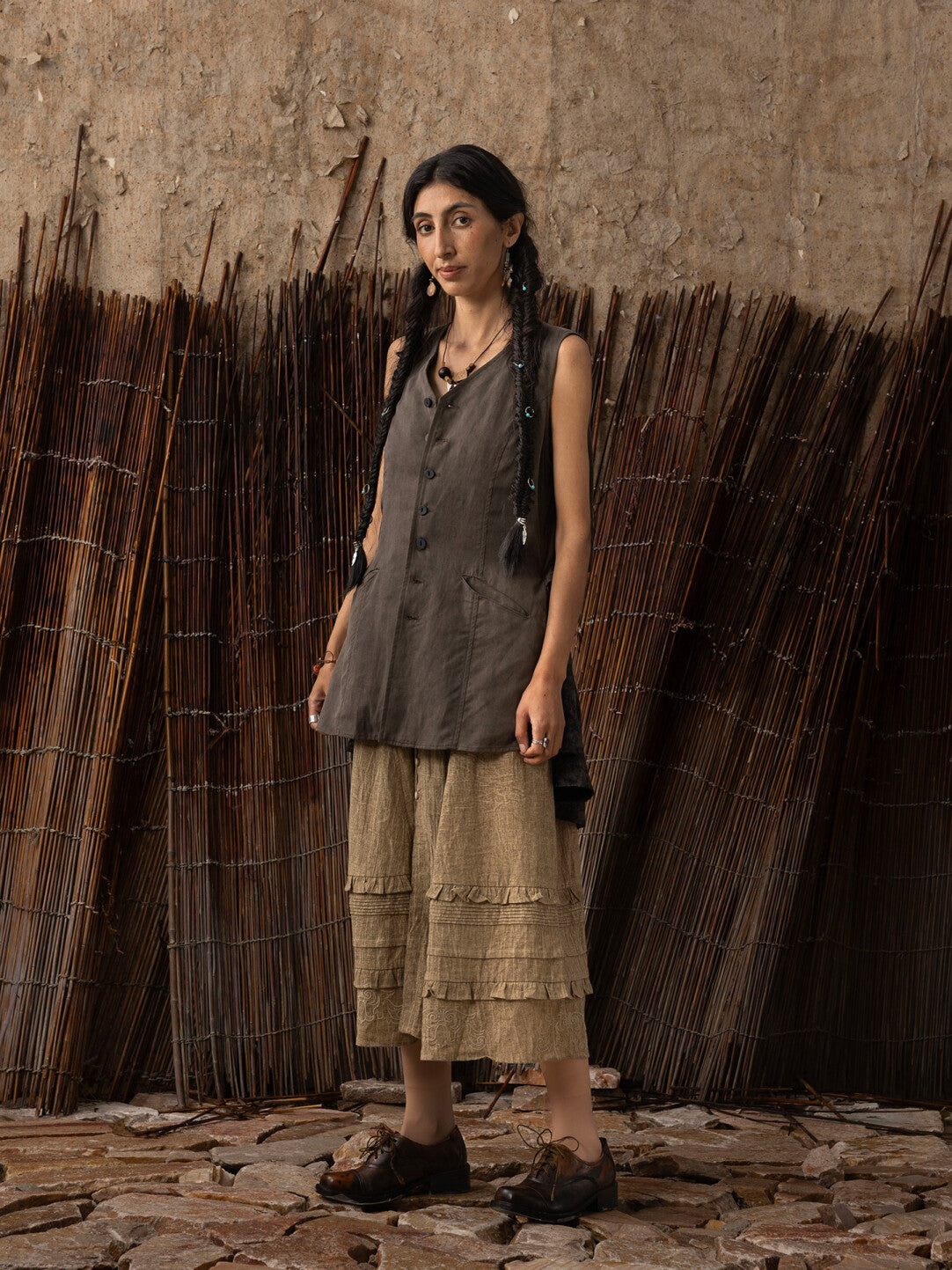 SOARIN WORLD Neo-Oriental Heritage hree-Dimensional Silhouette  Tencel-Linen Blend Reversible Vest Dress N-DCZ252TC17