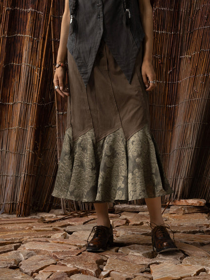 SOARIN WORLD Neo-Oriental Heritage Paneled A-line Skirt Mixed Fabric Midi Skirt N-DCZ252TQ41