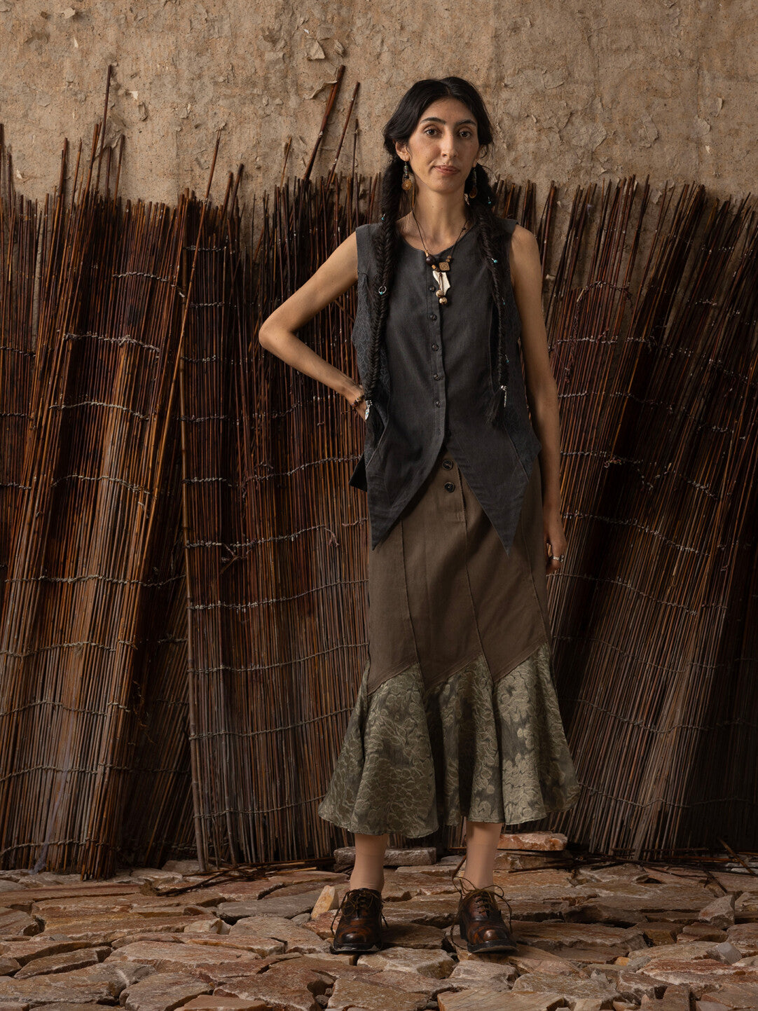 SOARIN WORLD Neo-Oriental Heritage Paneled A-line Skirt Mixed Fabric Midi Skirt N-DCZ252TQ41
