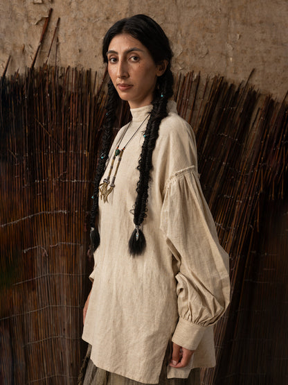 SOARIN WORLD Neo-Oriental Heritage Oversized Cotton-Linen Pleated Shirt N-DCZ242TC02