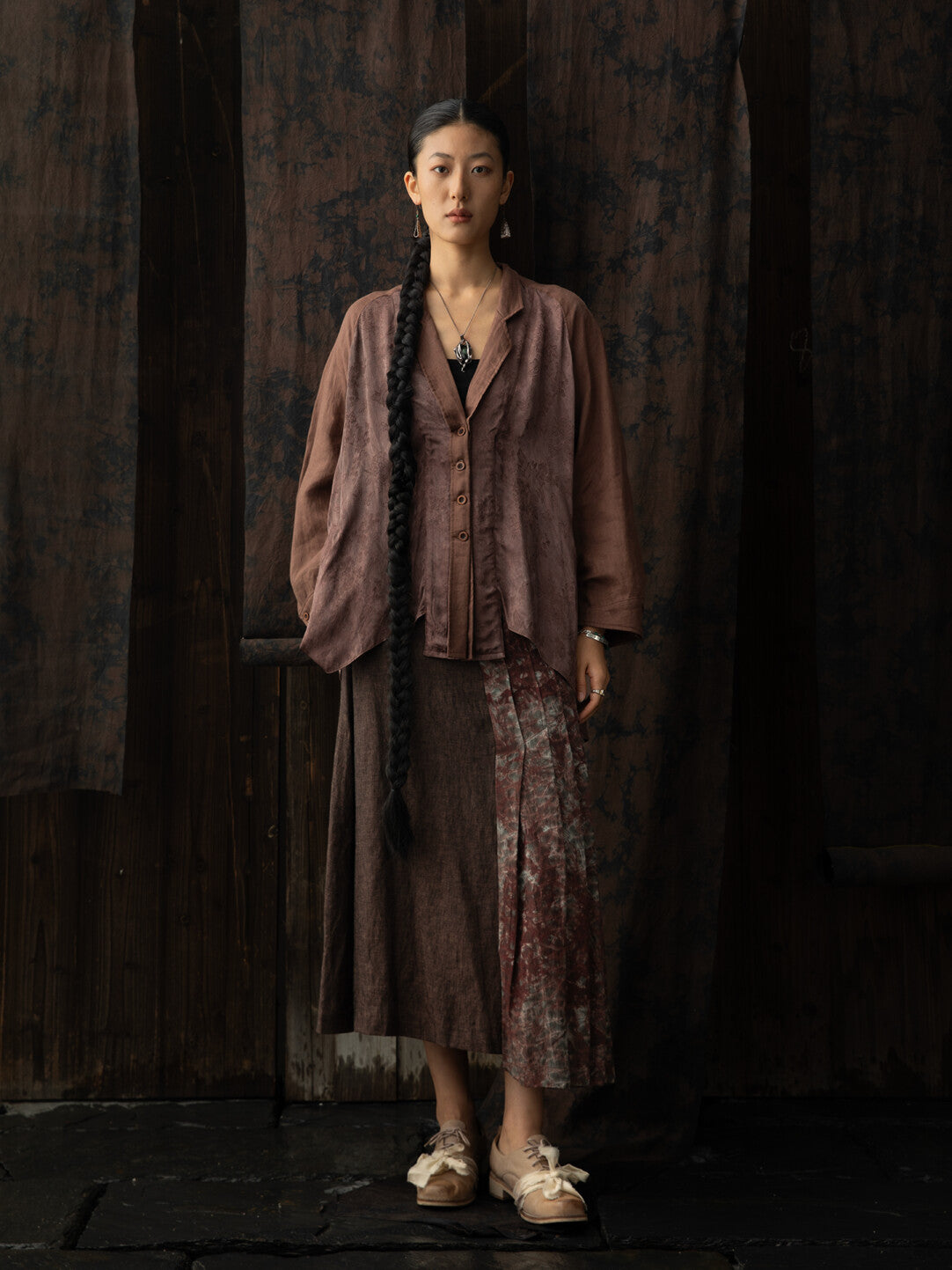 SOARIN WORLD Neo-Oriental Heritage Asymmetric Pleated Linen Skirt N-DCZ242TQ05